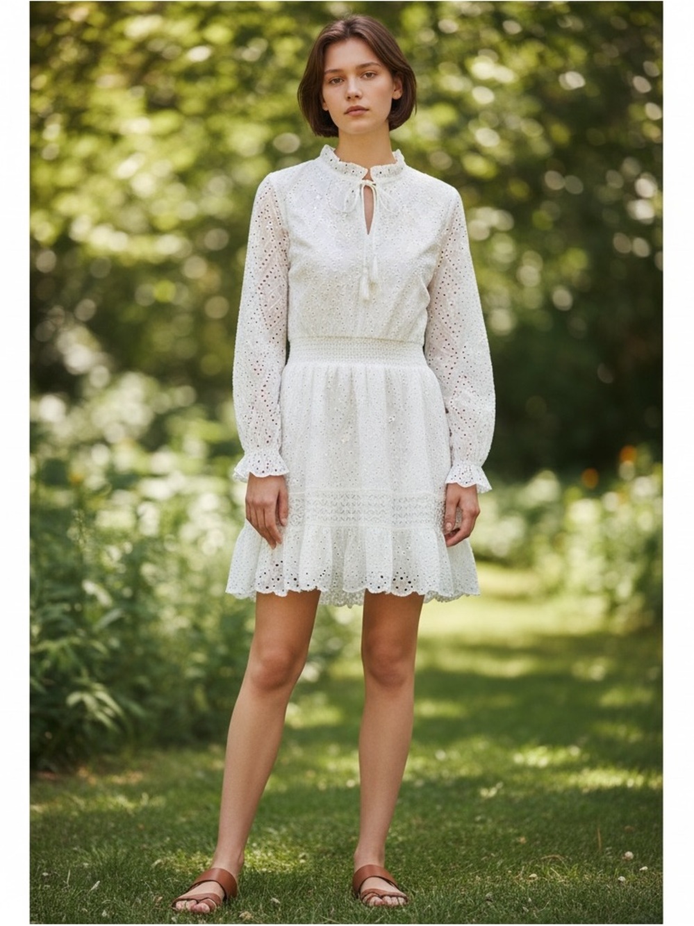 NWT Belldini Long Sleeve Cotton Eyelet Fit & Flare Dress Women’s SZ L in White